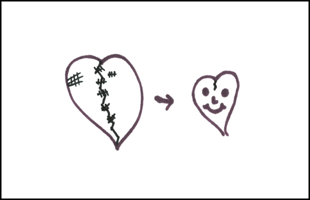 sample of artwork produced for healing patch featuring a broken heart turning into a smiling heart