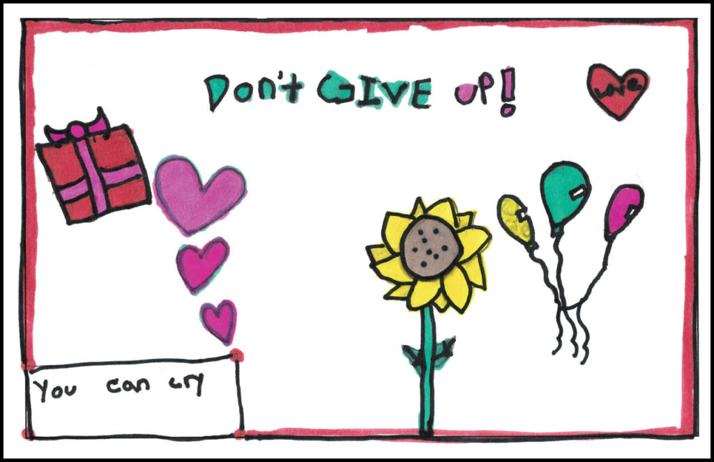 healing patch card featuring flowers and a present
