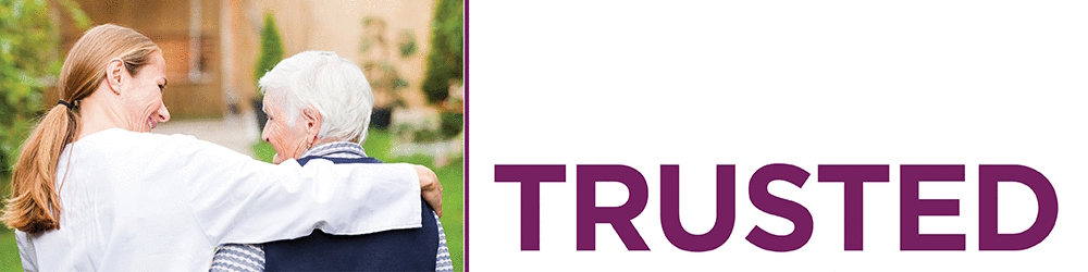 banner of a woman with her arm around another and the word 'trusted'